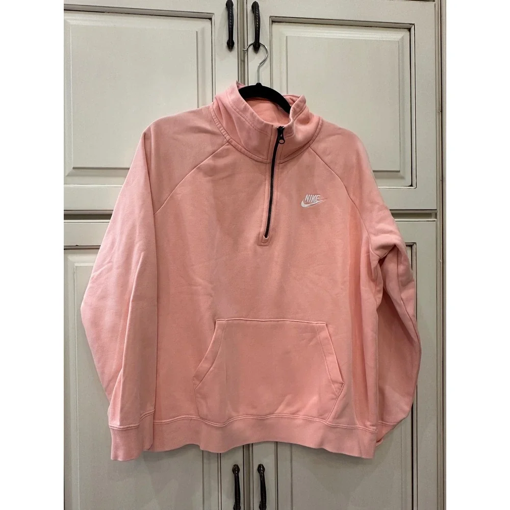 Nike Sportswear Essential Quarter Zip Fleece Pullover Peach Pink Womens Large